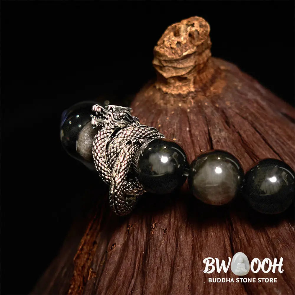 Buddha Stones Silver Sheen Obsidian Dragon Protection Bracelet - BWOOOH - Silver Sheen Obsidian(Wrist Circumference:
