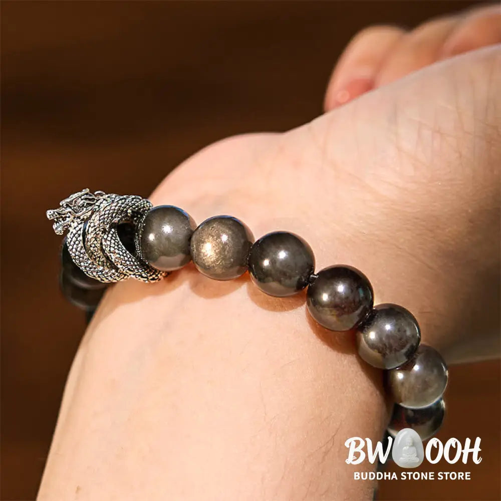 Buddha Stones Silver Sheen Obsidian Dragon Protection Bracelet - BWOOOH - Silver Sheen Obsidian(Wrist Circumference: