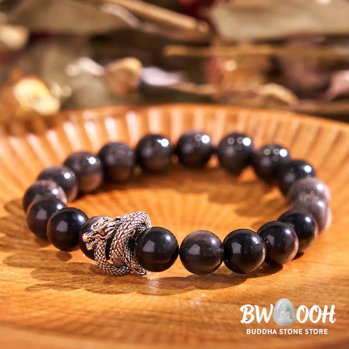 Buddha Stones Silver Sheen Obsidian Dragon Protection Bracelet - BWOOOH - Silver Sheen Obsidian(Wrist Circumference: