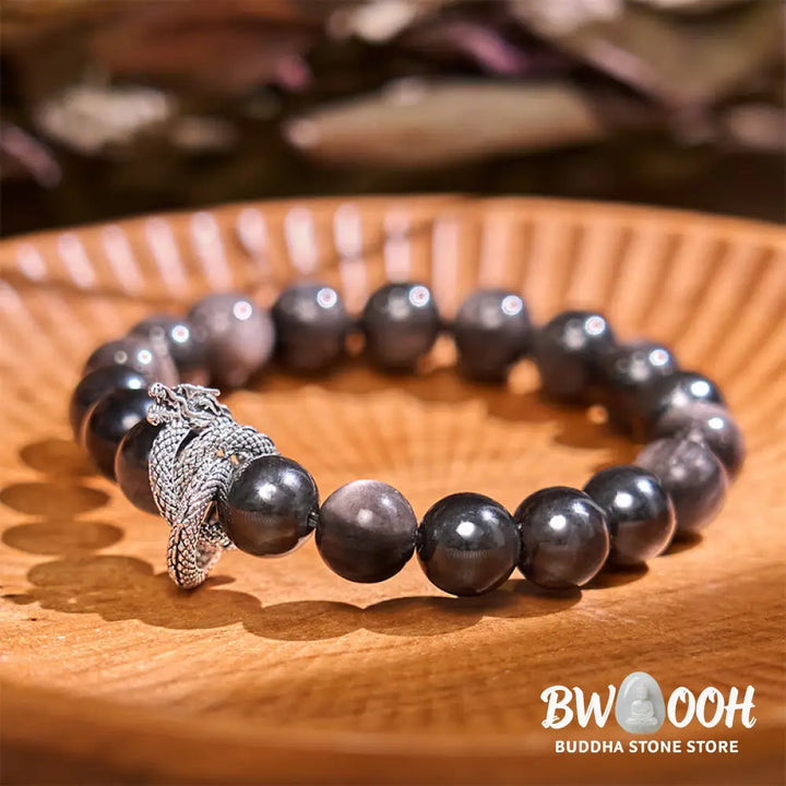 Buddha Stones Silver Sheen Obsidian Dragon Protection Bracelet - BWOOOH - Silver Sheen Obsidian(Wrist Circumference: