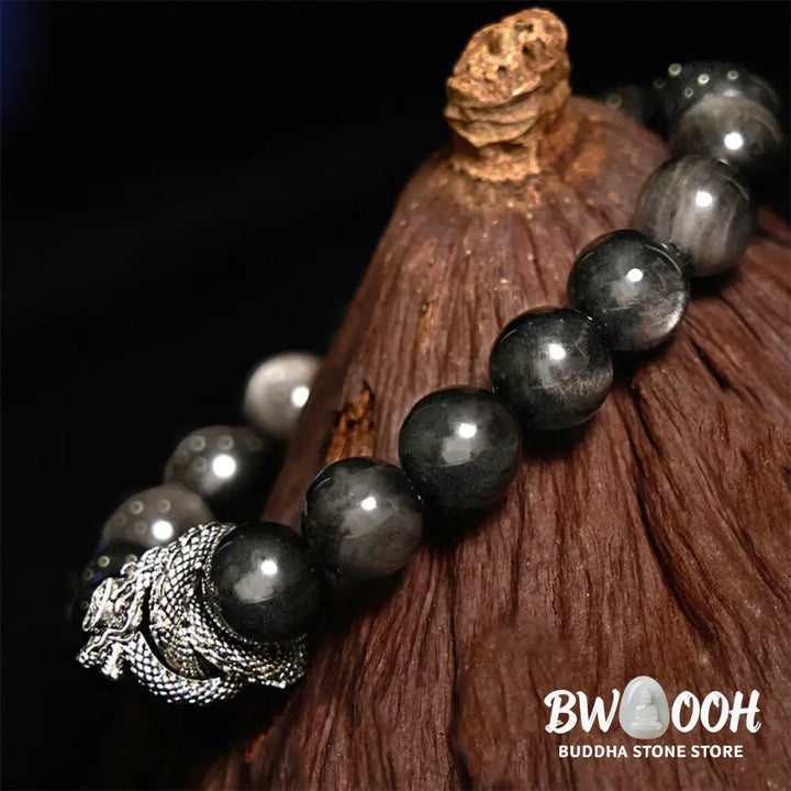 Buddha Stones Silver Sheen Obsidian Dragon Protection Bracelet - BWOOOH - Silver Sheen Obsidian(Wrist Circumference: