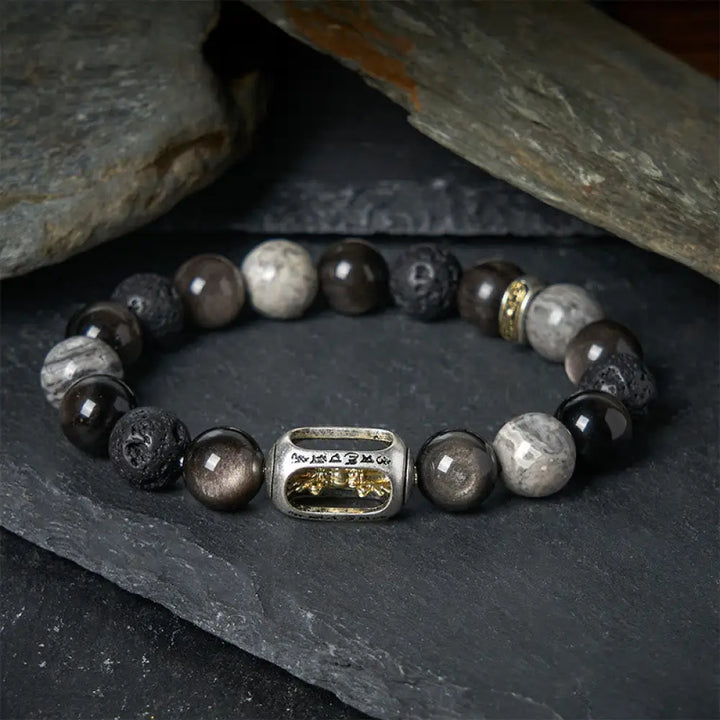 BWOOOH Silver Sheen Obsidian Lava Rock Grey Jasper Om Man