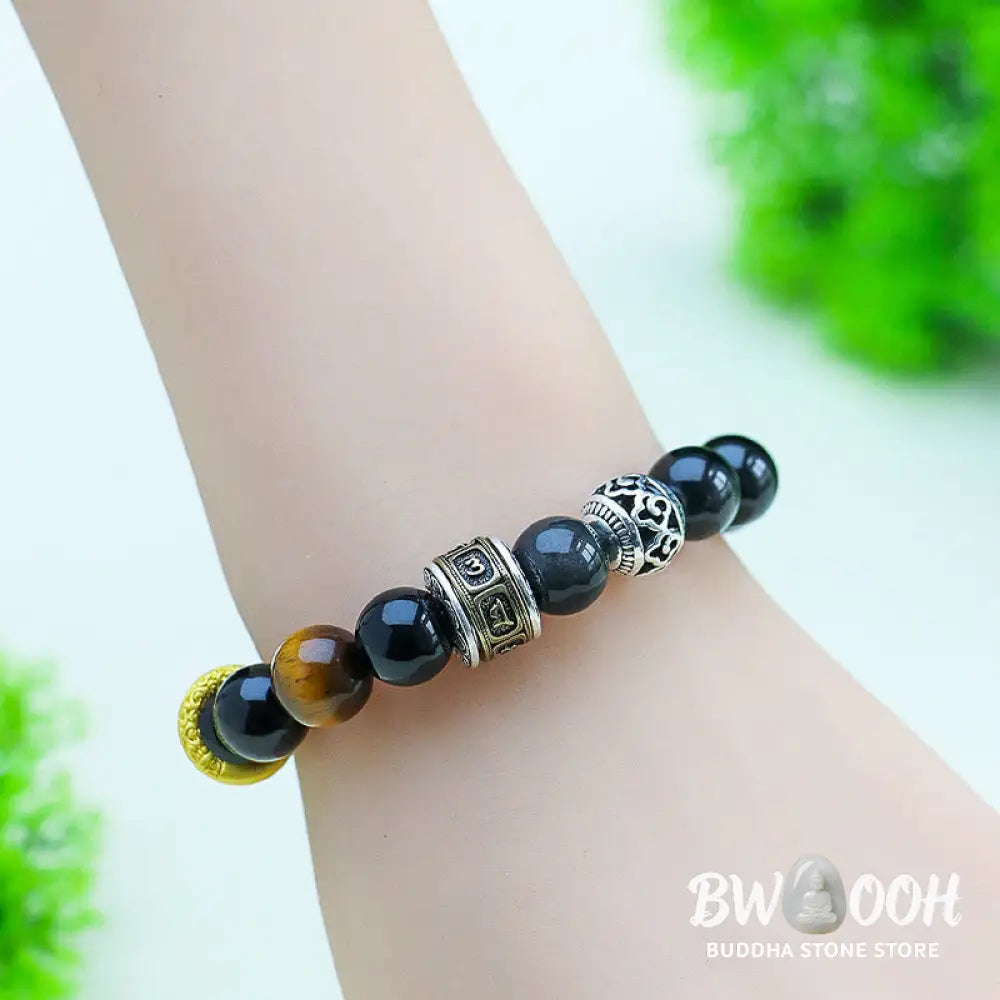 BWOOOH Silver Sheen Obsidian Tiger Eye Om Mani Padme Hum 