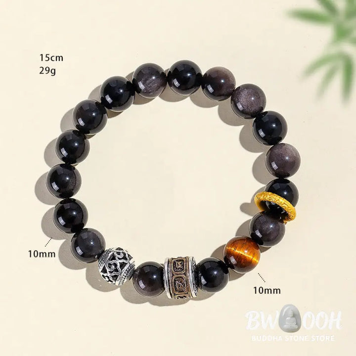 BWOOOH Silver Sheen Obsidian Tiger Eye Om Mani Padme Hum 