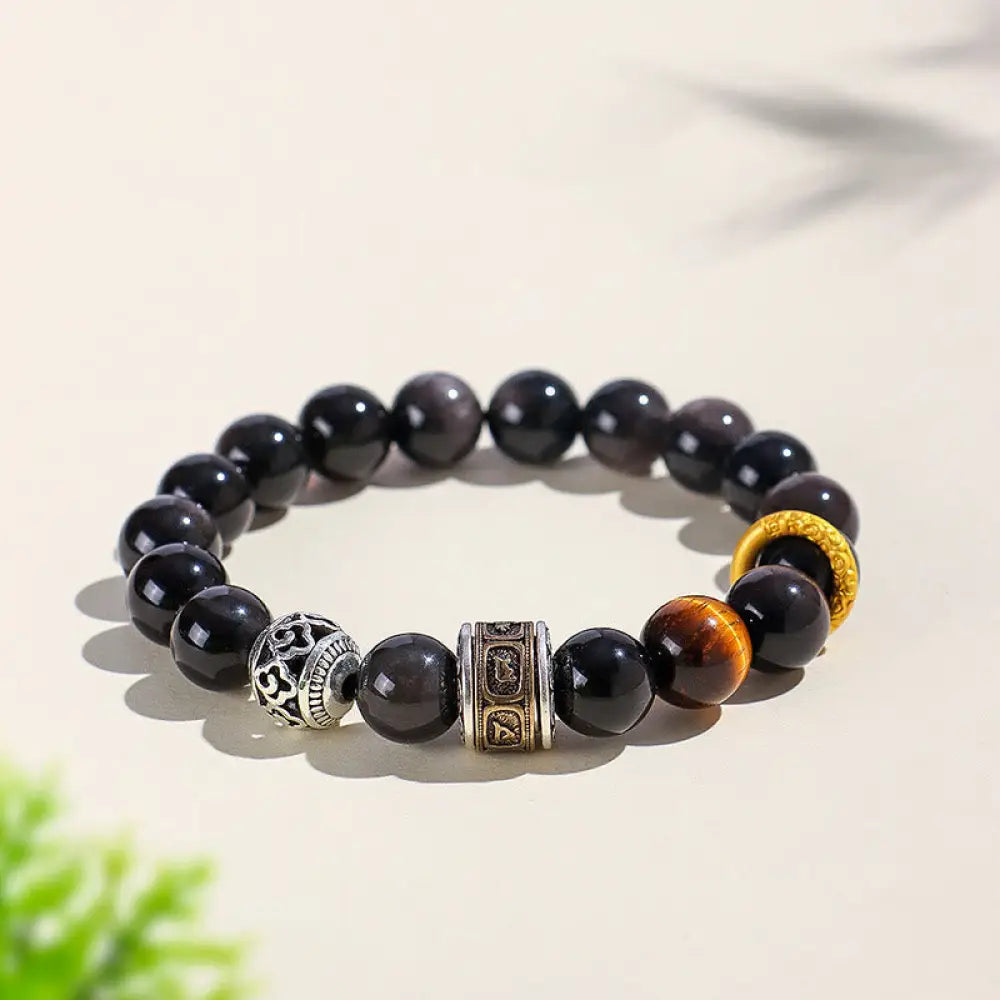 BWOOOH Silver Sheen Obsidian Tiger Eye Om Mani Padme Hum 