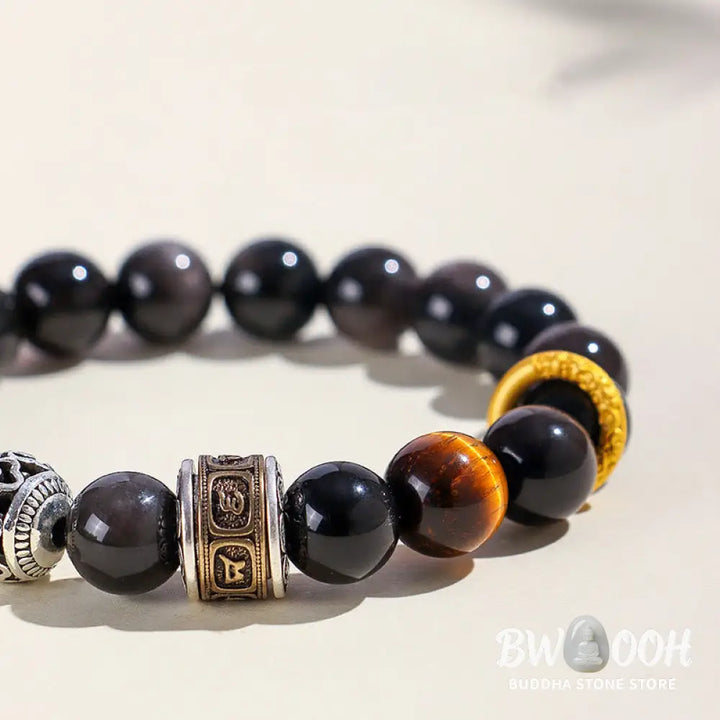 BWOOOH Silver Sheen Obsidian Tiger Eye Om Mani Padme Hum 