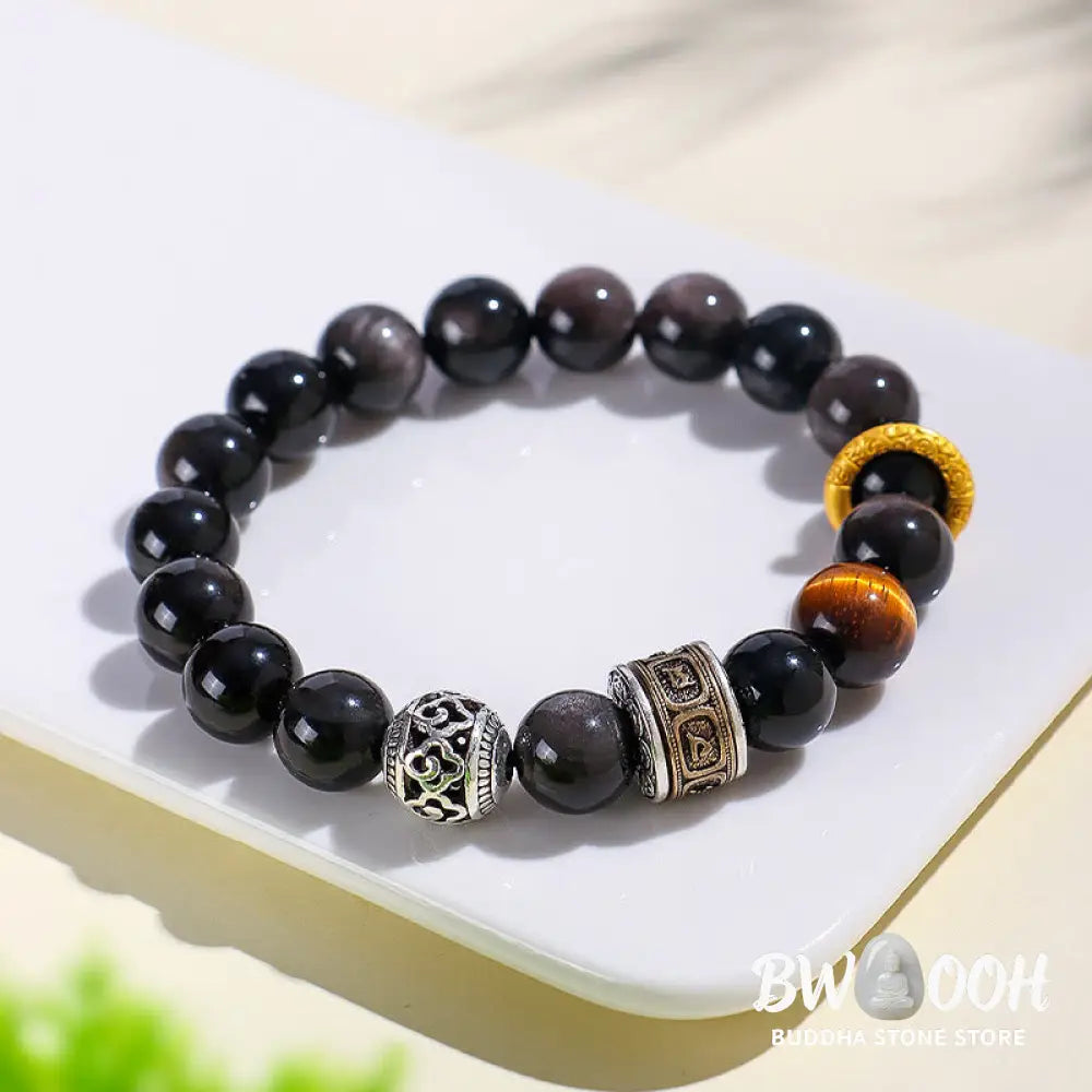 BWOOOH Silver Sheen Obsidian Tiger Eye Om Mani Padme Hum 