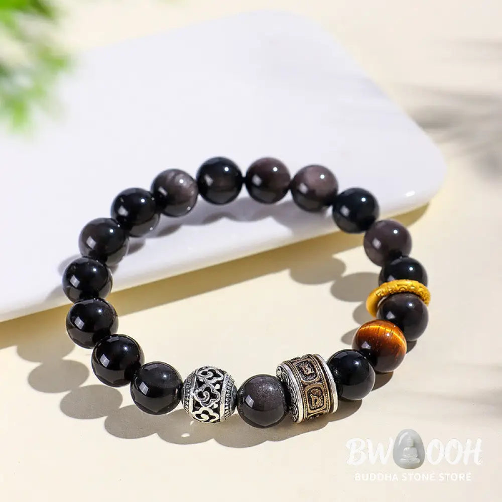 BWOOOH Silver Sheen Obsidian Tiger Eye Om Mani Padme Hum 