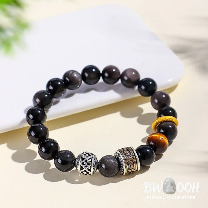 BWOOOH Silver Sheen Obsidian Tiger Eye Om Mani Padme Hum 