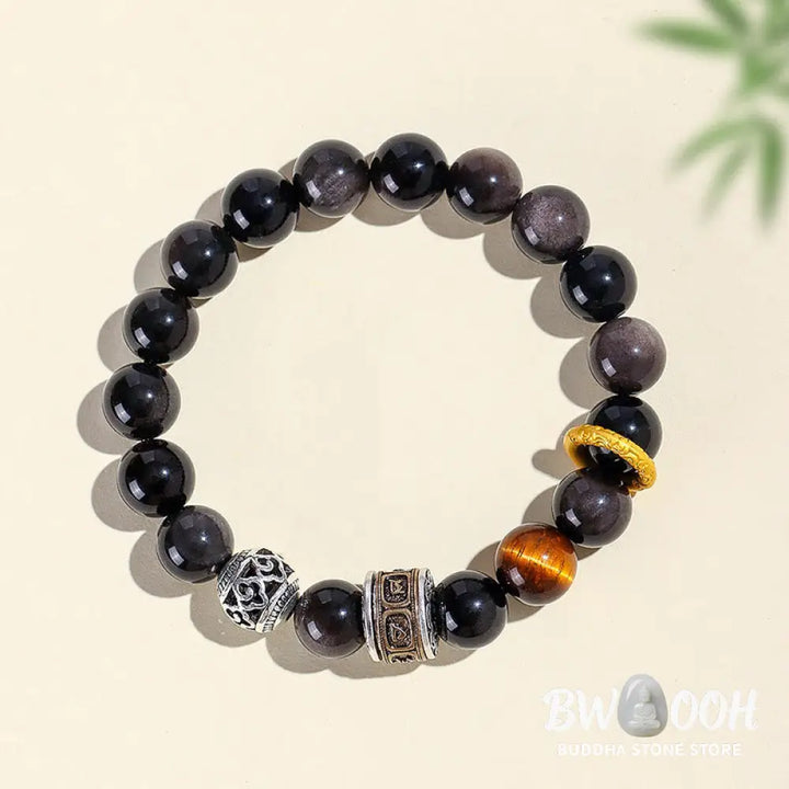BWOOOH Silver Sheen Obsidian Tiger Eye Om Mani Padme Hum 