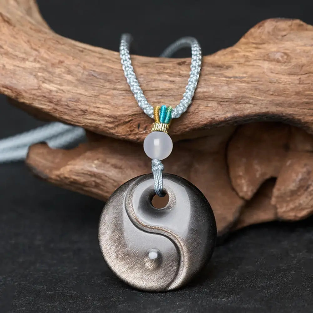 Buddha Stones Silver Sheen Obsidian Yin Yang Symbol Protection Necklace Pendant - BWOOOH - Silver Sheen Obsidian