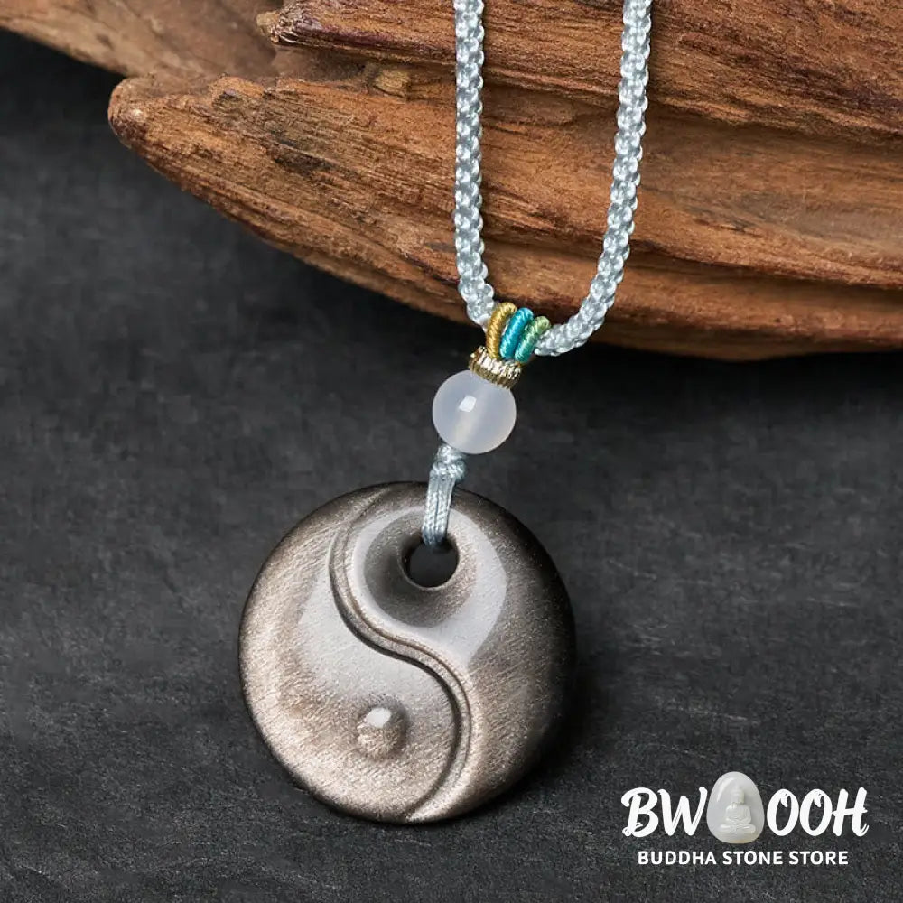 Buddha Stones Silver Sheen Obsidian Yin Yang Symbol Protection Necklace Pendant - BWOOOH - Silver Sheen Obsidian