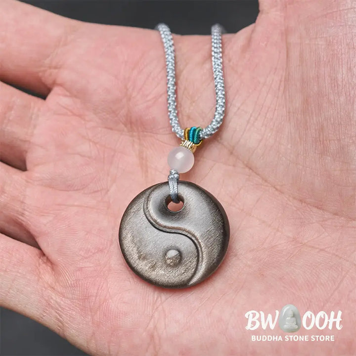 Buddha Stones Silver Sheen Obsidian Yin Yang Symbol Protection Necklace Pendant - BWOOOH - Silver Sheen Obsidian