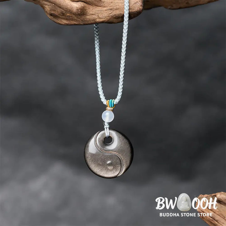 Buddha Stones Silver Sheen Obsidian Yin Yang Symbol Protection Necklace Pendant - BWOOOH - Silver Sheen Obsidian