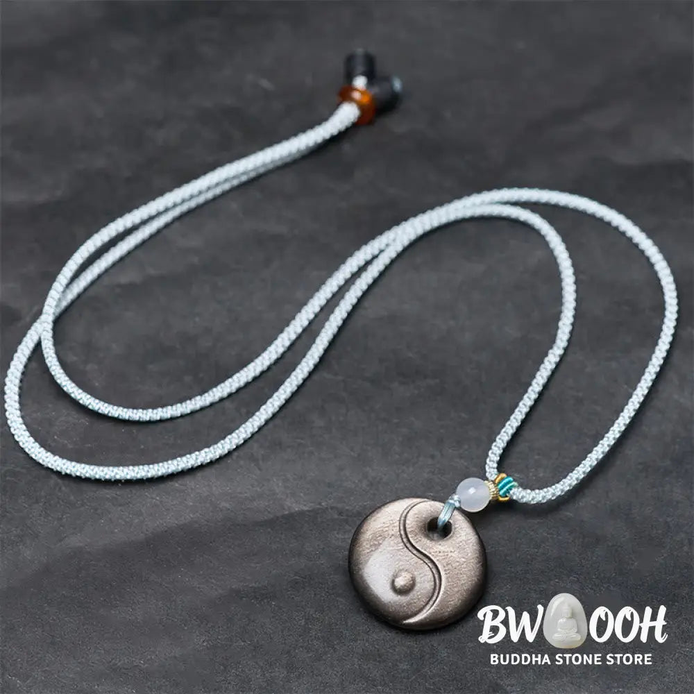 Buddha Stones Silver Sheen Obsidian Yin Yang Symbol Protection Necklace Pendant - BWOOOH - Silver Sheen Obsidian