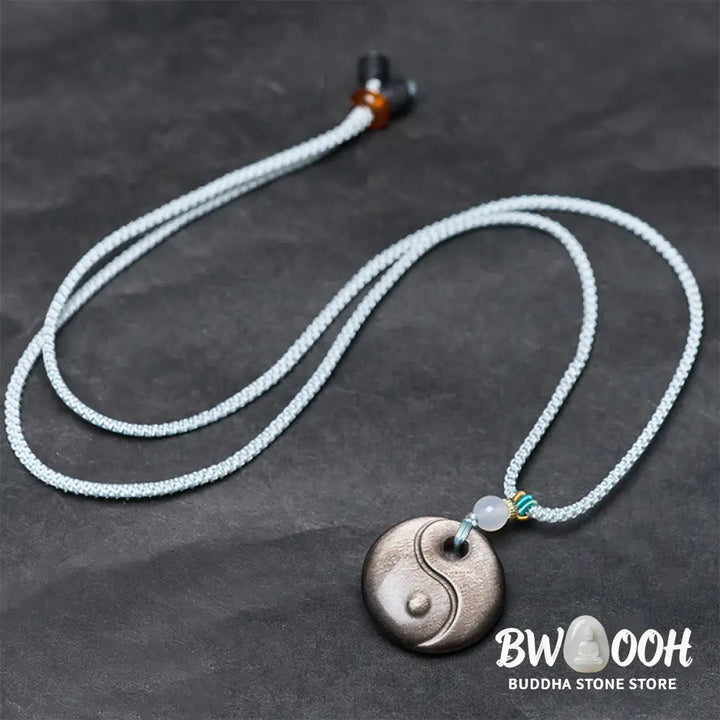 Buddha Stones Silver Sheen Obsidian Yin Yang Symbol Protection Necklace Pendant - BWOOOH - Silver Sheen Obsidian