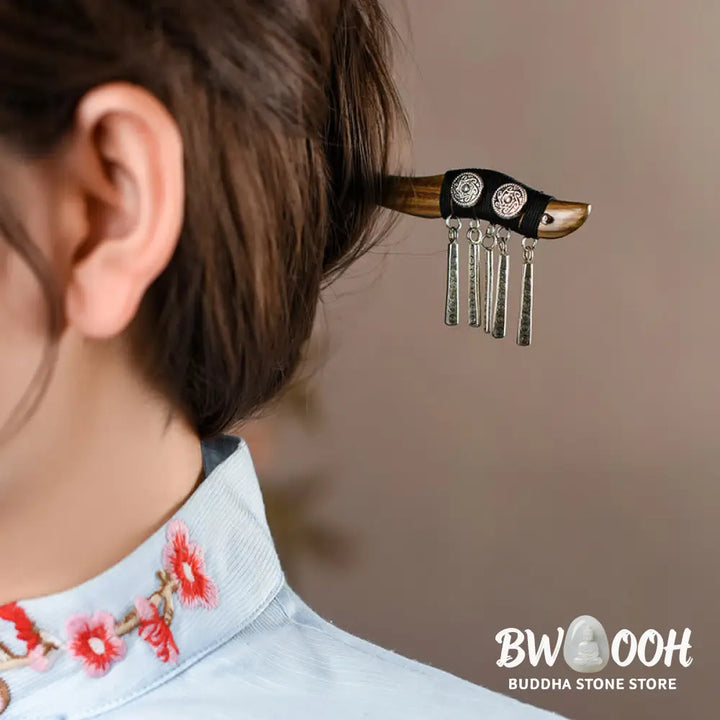 Buddha Stones Silver Tassel Green Sandalwood Soothing Hairpin - Green Sandalwood Hairpin - Hairpin
