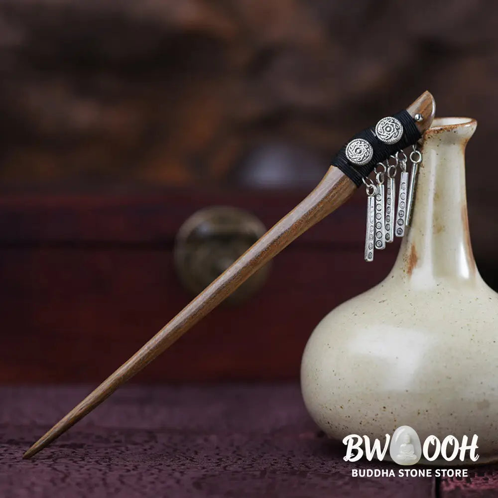 Buddha Stones Silver Tassel Green Sandalwood Soothing Hairpin - Green Sandalwood Hairpin - Hairpin