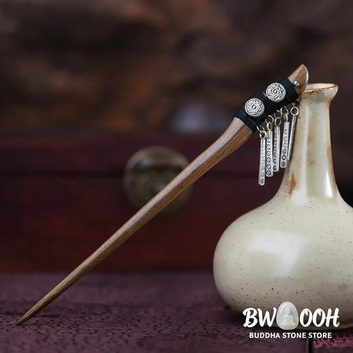 Buddha Stones Silver Tassel Green Sandalwood Soothing Hairpin - Green Sandalwood Hairpin - Hairpin