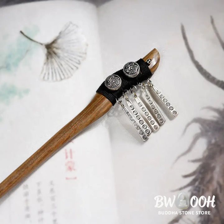 Buddha Stones Silver Tassel Green Sandalwood Soothing Hairpin - Green Sandalwood Hairpin - Hairpin