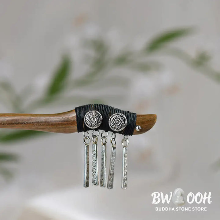 Buddha Stones Silver Tassel Green Sandalwood Soothing Hairpin - Green Sandalwood Hairpin - Hairpin