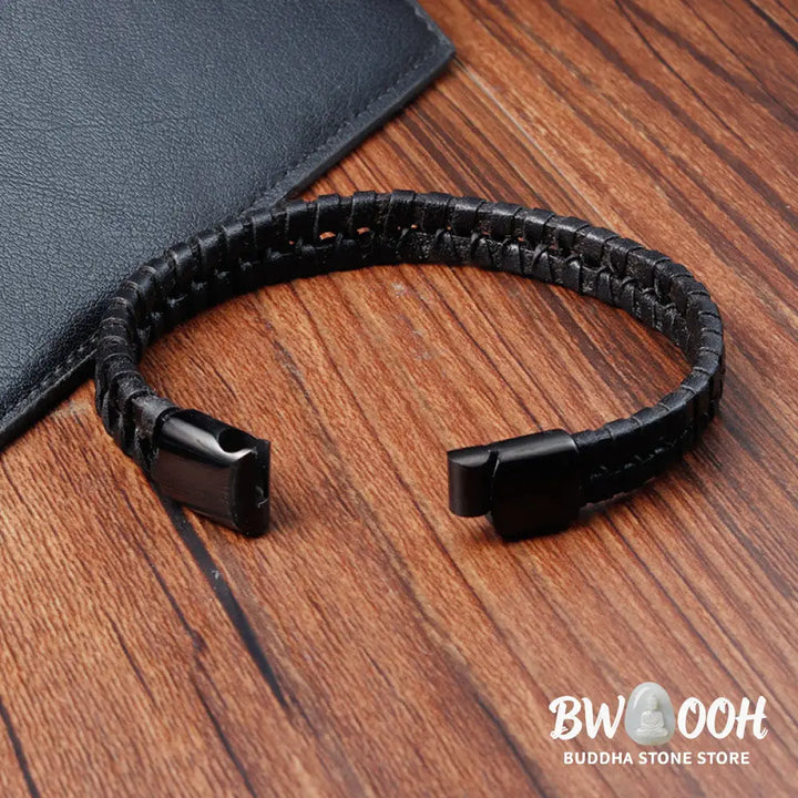 Buddha Stones Simple Braided Pattern Titanium Steel Strengthen Multi-layer Leather Buckle Bracelet - BWOOOH - Bracelet