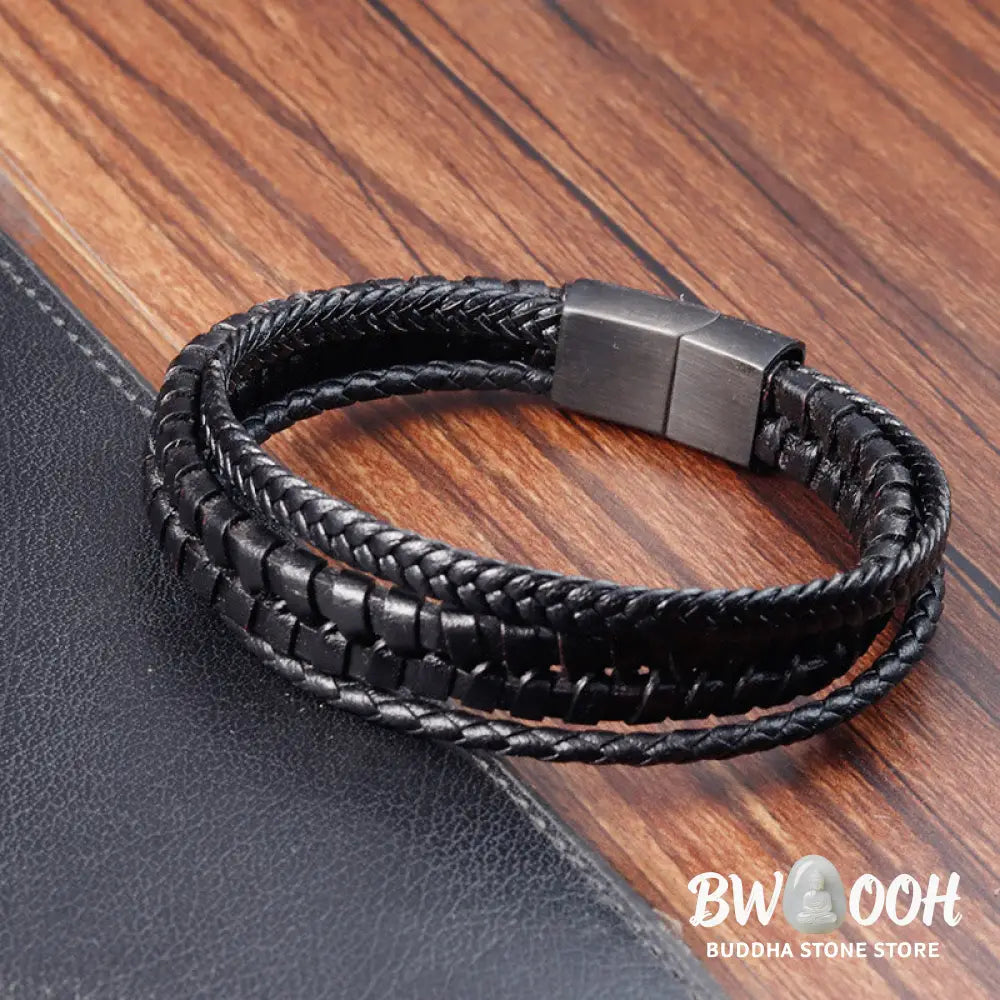 Buddha Stones Simple Braided Pattern Titanium Steel Strengthen Multi-layer Leather Buckle Bracelet - BWOOOH - Bracelet