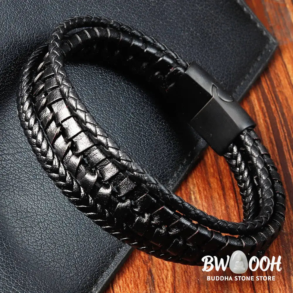 Buddha Stones Simple Braided Pattern Titanium Steel Strengthen Multi-layer Leather Buckle Bracelet - BWOOOH - Bracelet