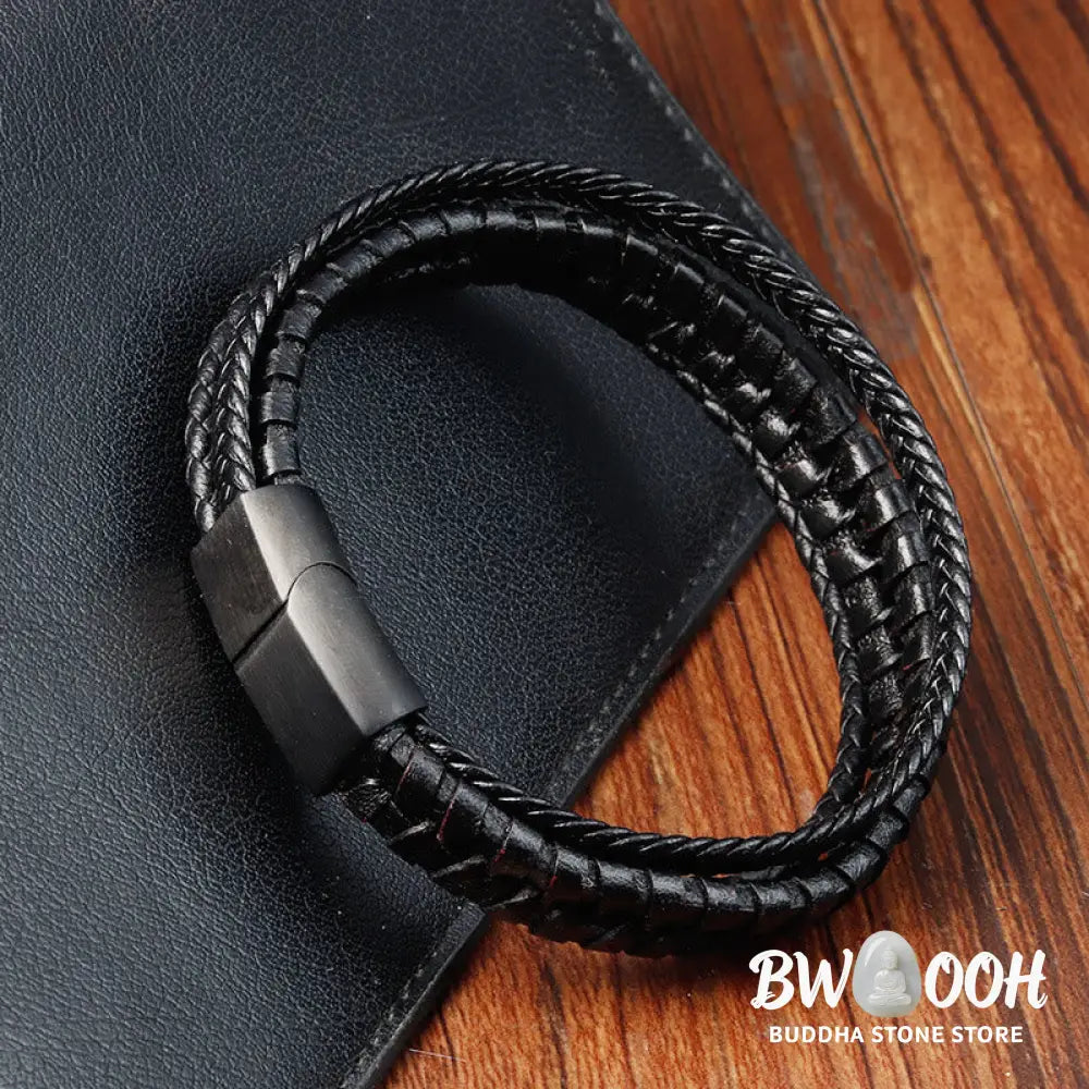 Buddha Stones Simple Braided Pattern Titanium Steel Strengthen Multi-layer Leather Buckle Bracelet - BWOOOH - Bracelet
