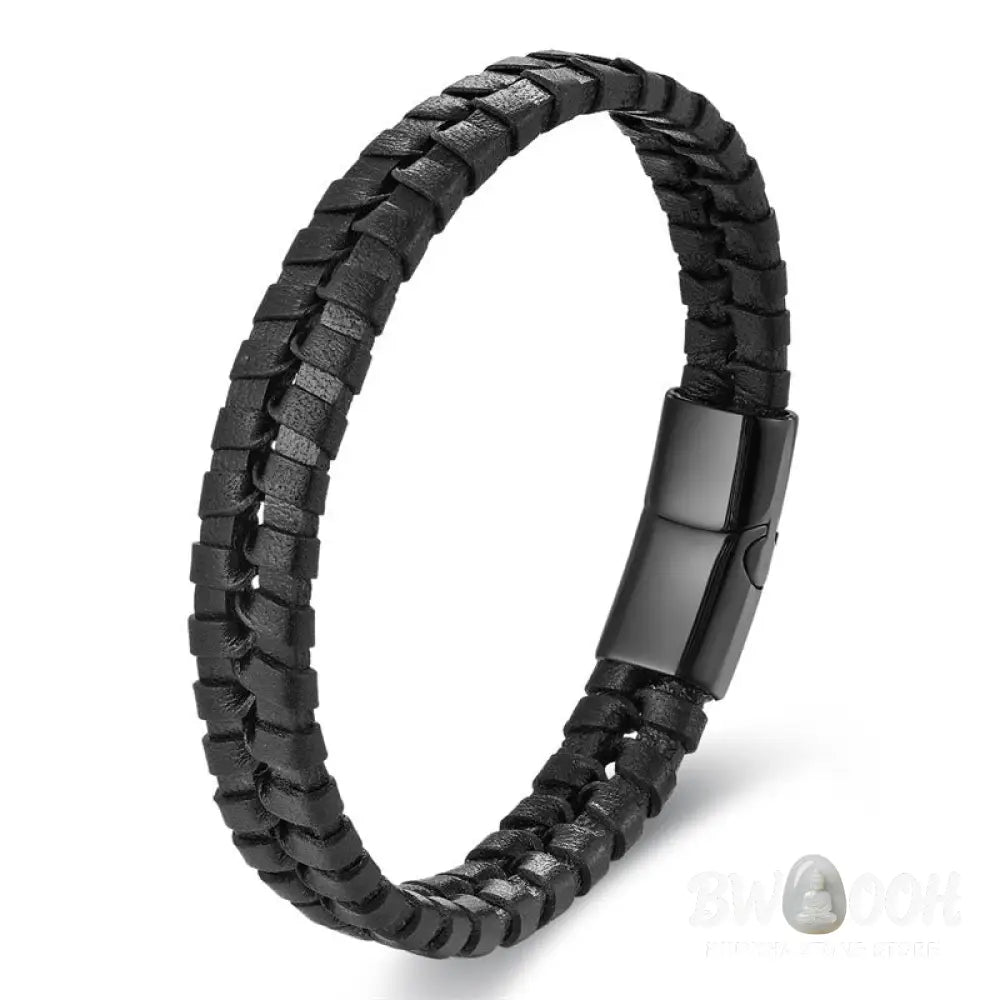 Buddha Stones Simple Braided Pattern Titanium Steel Strengthen Multi-layer Leather Buckle Bracelet - BWOOOH - Bracelet
