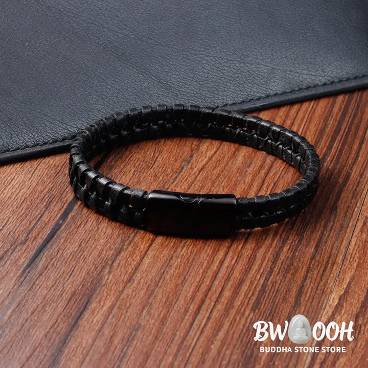 Buddha Stones Simple Braided Pattern Titanium Steel Strengthen Multi-layer Leather Buckle Bracelet - BWOOOH - Bracelet