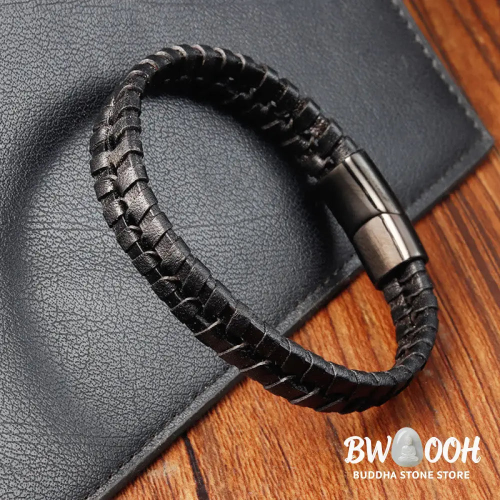 Buddha Stones Simple Braided Pattern Titanium Steel Strengthen Multi-layer Leather Buckle Bracelet - BWOOOH - Bracelet