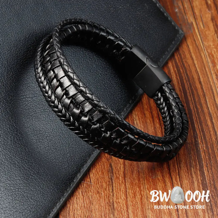 Buddha Stones Simple Braided Pattern Titanium Steel Strengthen Multi-layer Leather Buckle Bracelet - BWOOOH - Bracelet