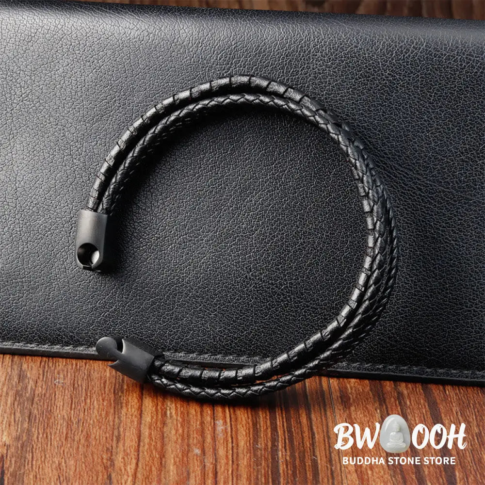 Buddha Stones Simple Braided Pattern Titanium Steel Strengthen Multi-layer Leather Buckle Bracelet - BWOOOH - Bracelet