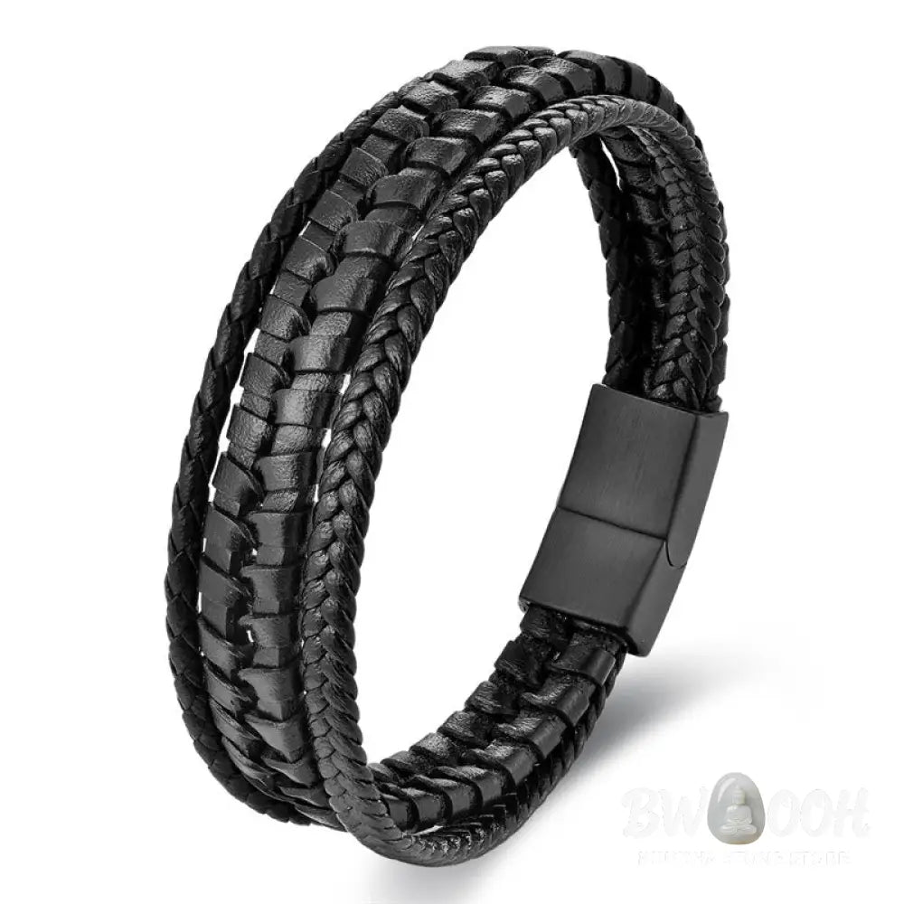 Buddha Stones Simple Braided Pattern Titanium Steel Strengthen Multi-layer Leather Buckle Bracelet - BWOOOH - Bracelet