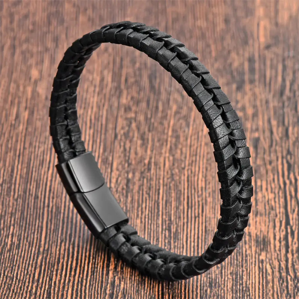 Buddha Stones Simple Braided Pattern Titanium Steel Strengthen Multi-layer Leather Buckle Bracelet - BWOOOH