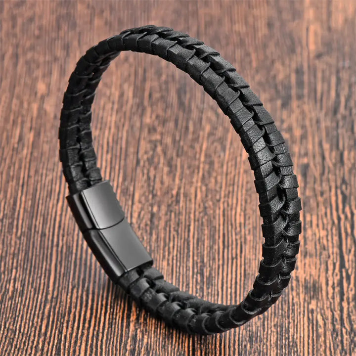 Buddha Stones Simple Braided Pattern Titanium Steel Strengthen Multi-layer Leather Buckle Bracelet - BWOOOH