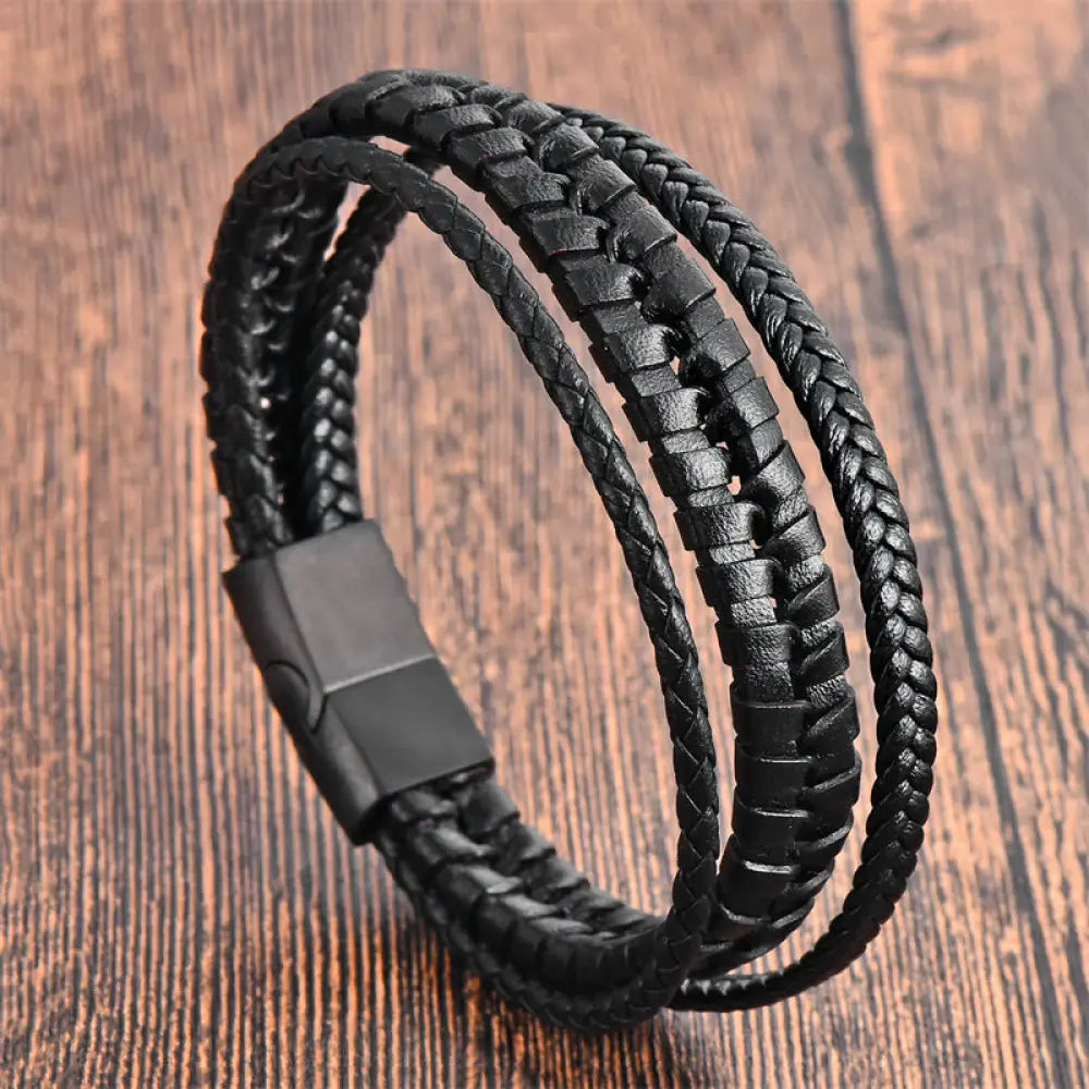 BWOOOH Simple Braided Pattern Titanium Steel Strengthen Multi-layer Leather Buckle Bracelet — natural stone Tibetan bracel...