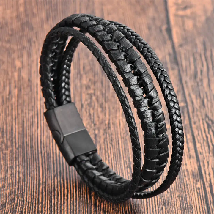 BWOOOH Simple Braided Pattern Titanium Steel Strengthen Multi-layer Leather Buckle Bracelet — natural stone Tibetan bracel...