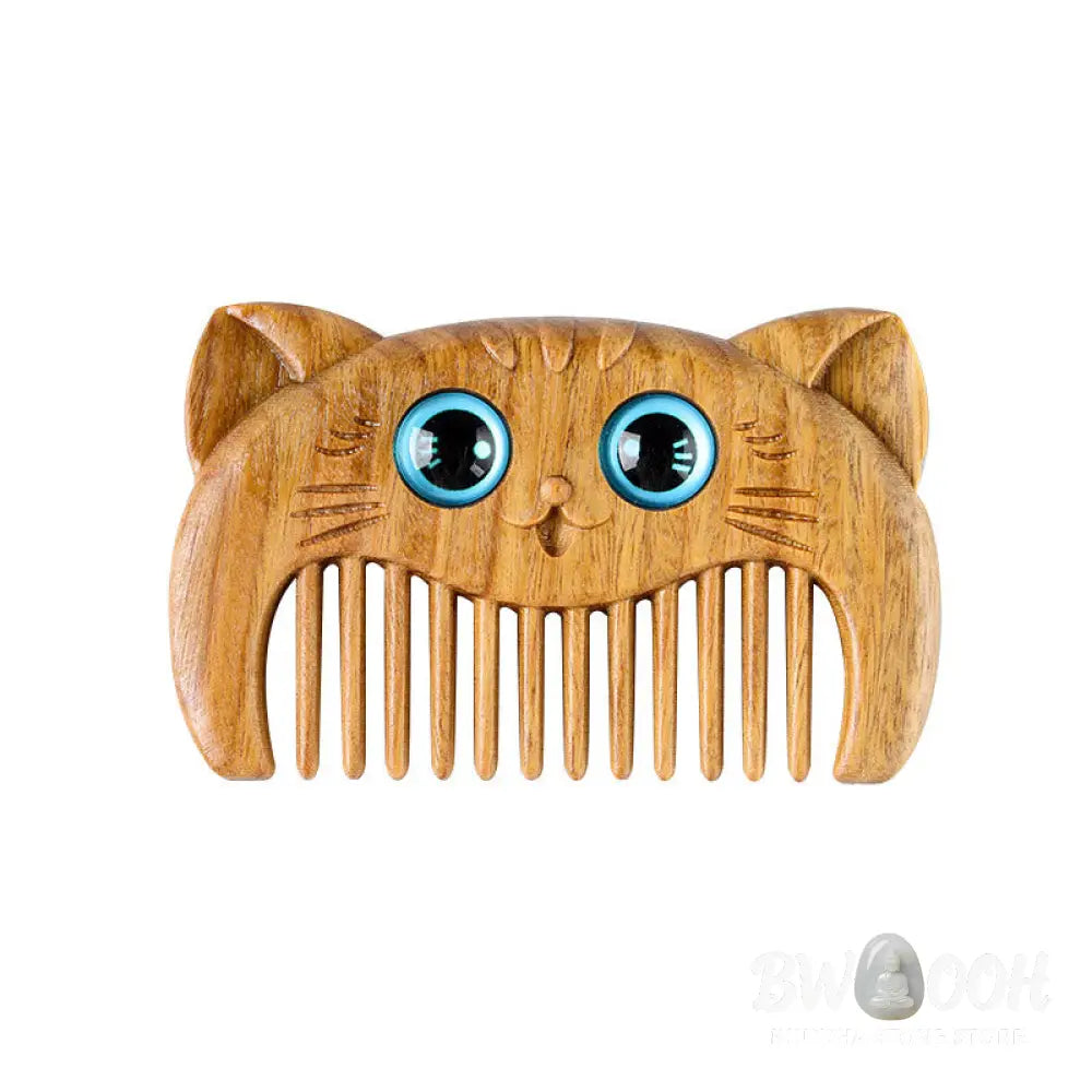 Buddha Stones Simple Cat Pattern Green Sandalwood Cure Portable Comb - Green Sandalwood Comb 6.8*4.2*1cm - Comb