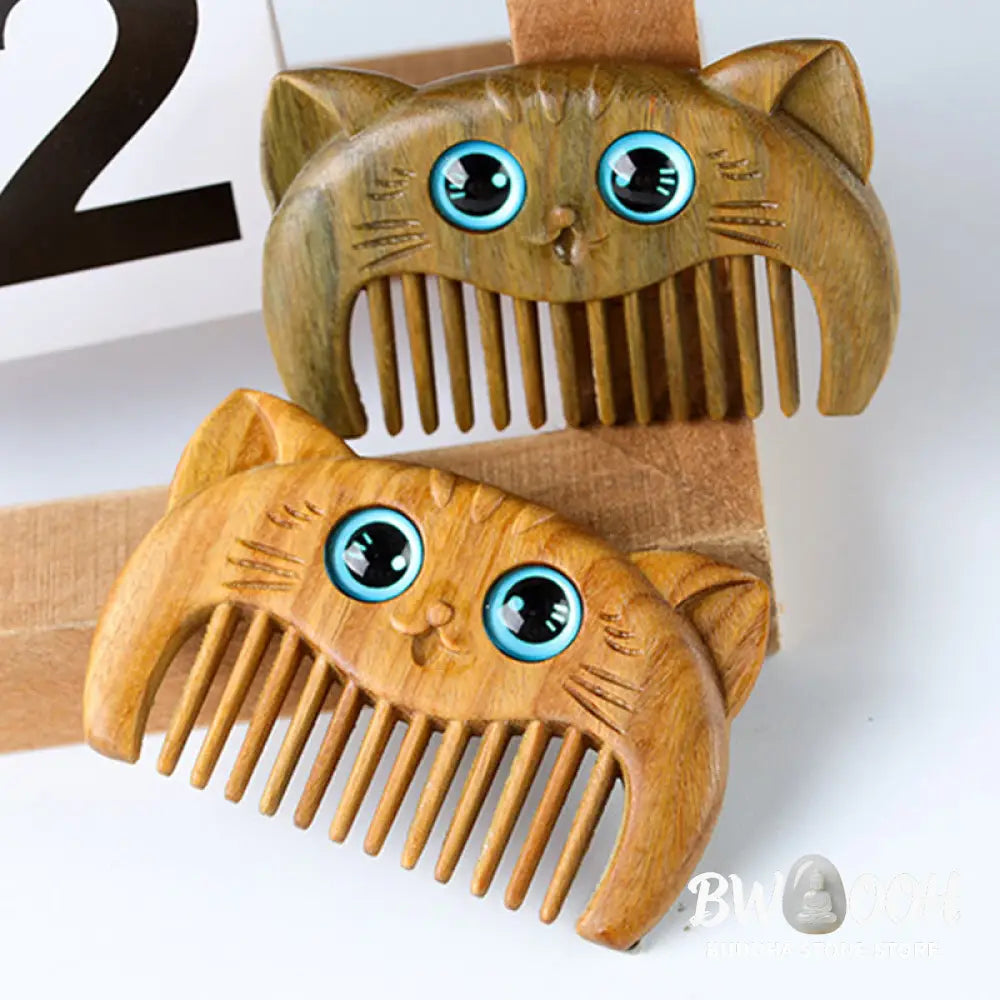Buddha Stones Simple Cat Pattern Green Sandalwood Cure Portable Comb - Green Sandalwood Comb 6.8*4.2*1cm - Comb