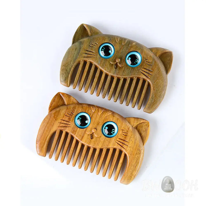 Buddha Stones Simple Cat Pattern Green Sandalwood Cure Portable Comb - Green Sandalwood Comb 6.8*4.2*1cm - Comb