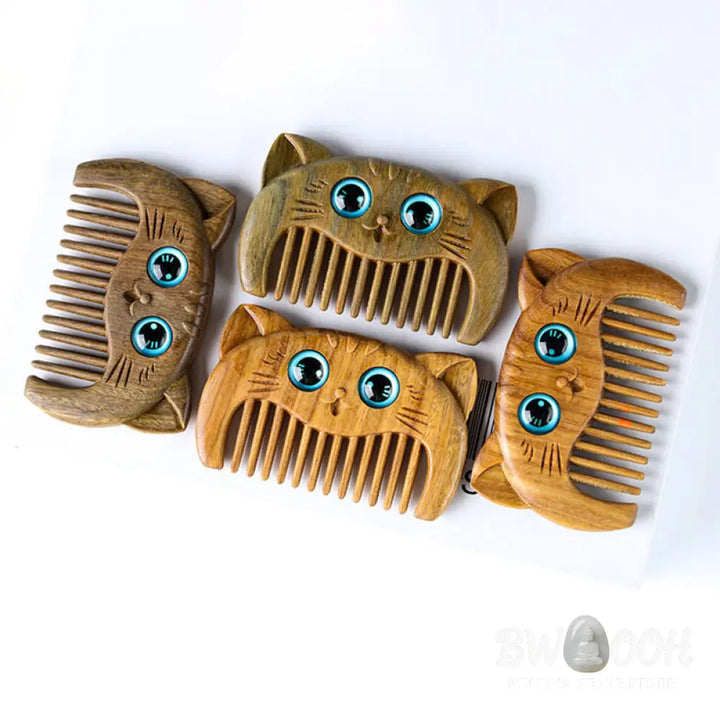 Buddha Stones Simple Cat Pattern Green Sandalwood Cure Portable Comb - Green Sandalwood Comb 6.8*4.2*1cm - Comb
