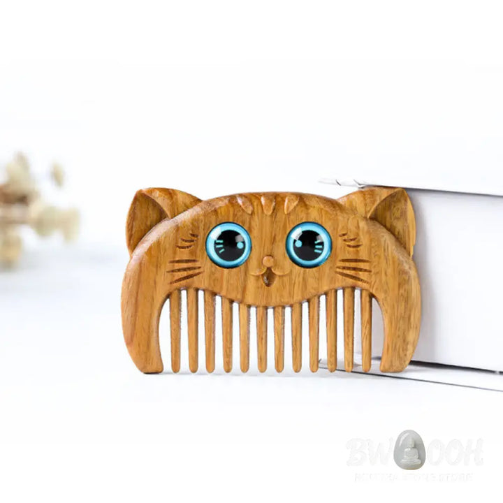 Buddha Stones Simple Cat Pattern Green Sandalwood Cure Portable Comb - Green Sandalwood Comb 6.8*4.2*1cm - Comb