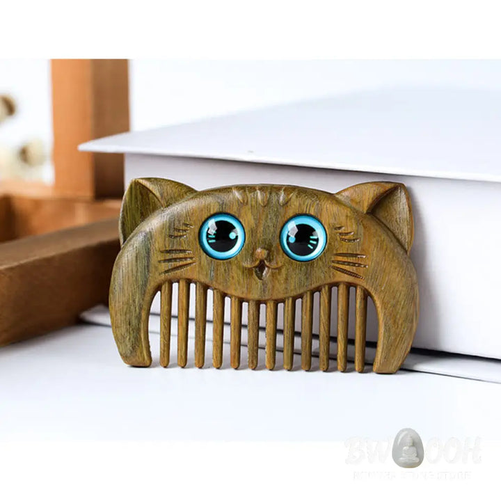 Buddha Stones Simple Cat Pattern Green Sandalwood Cure Portable Comb - Green Sandalwood Comb 6.8*4.2*1cm - Comb