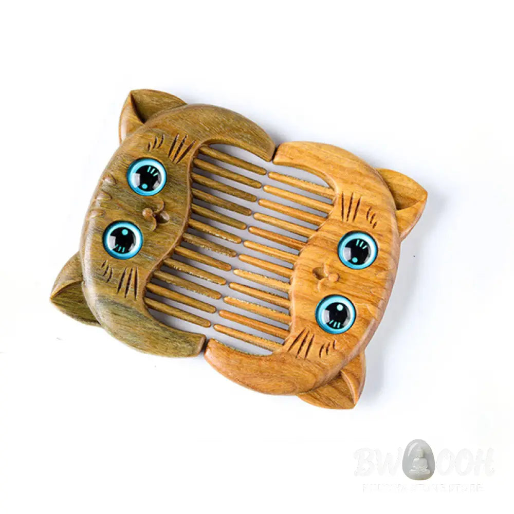 Buddha Stones Simple Cat Pattern Green Sandalwood Cure Portable Comb - Green Sandalwood Comb 6.8*4.2*1cm - Comb