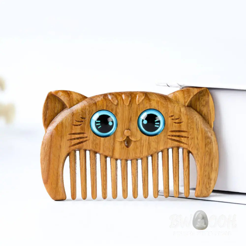 Buddha Stones Simple Cat Pattern Green Sandalwood Cure Portable Comb - Green Sandalwood Comb 6.8*4.2*1cm - Comb