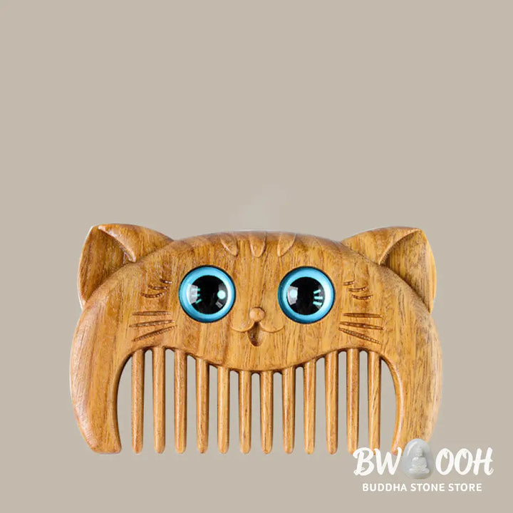 Buddha Stones Simple Cat Pattern Green Sandalwood Cure Portable Comb - Green Sandalwood Comb 6.8*4.2*1cm - Comb