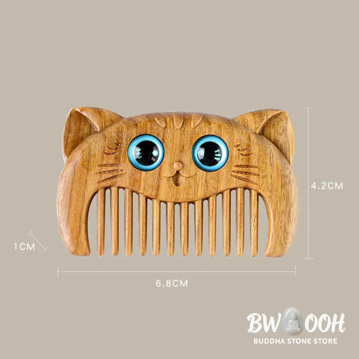 Buddha Stones Simple Cat Pattern Green Sandalwood Cure Portable Comb - Green Sandalwood Comb 6.8*4.2*1cm - Comb