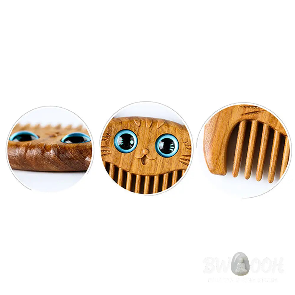 Buddha Stones Simple Cat Pattern Green Sandalwood Cure Portable Comb - Green Sandalwood Comb 6.8*4.2*1cm - Comb